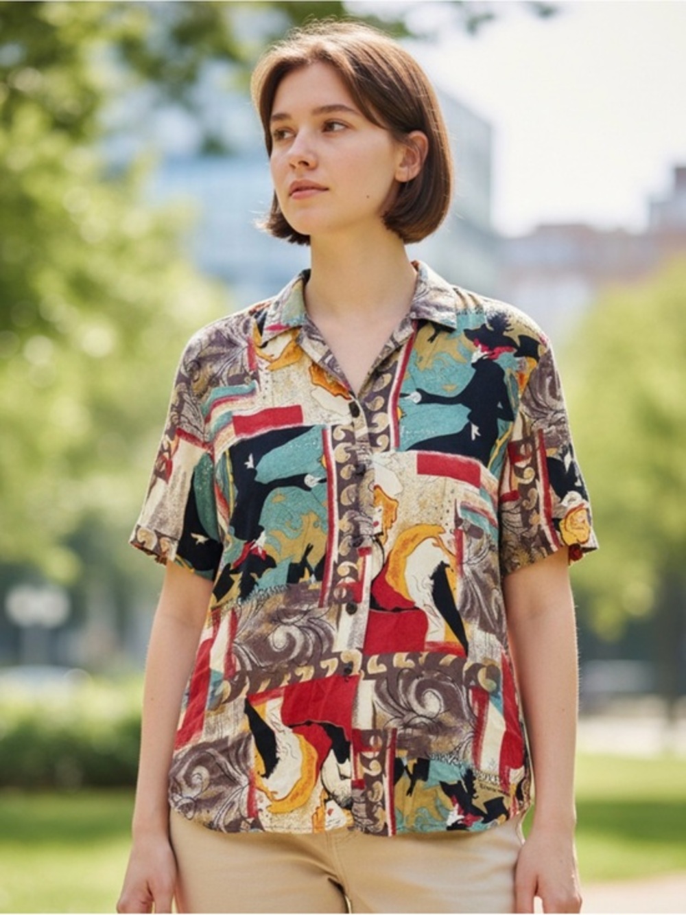 🫶🏻 Vintage Expose’ Abstract Multi-Color Short-Sleeve Button-Up Shirt